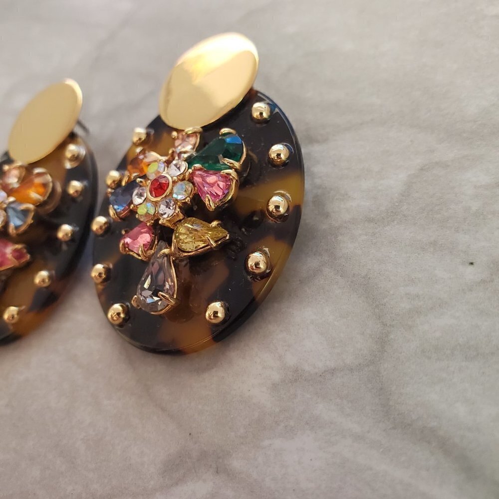 ✨ J.Crew Tortoise Shell Rhinesontes Crystsals Cluster Statement Earrings ✨ - Picture 5 of 13